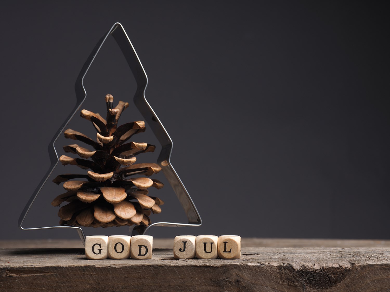 En pepparkaksform med en kotte inuti, framför står små bokstäver med orden God Jul. 