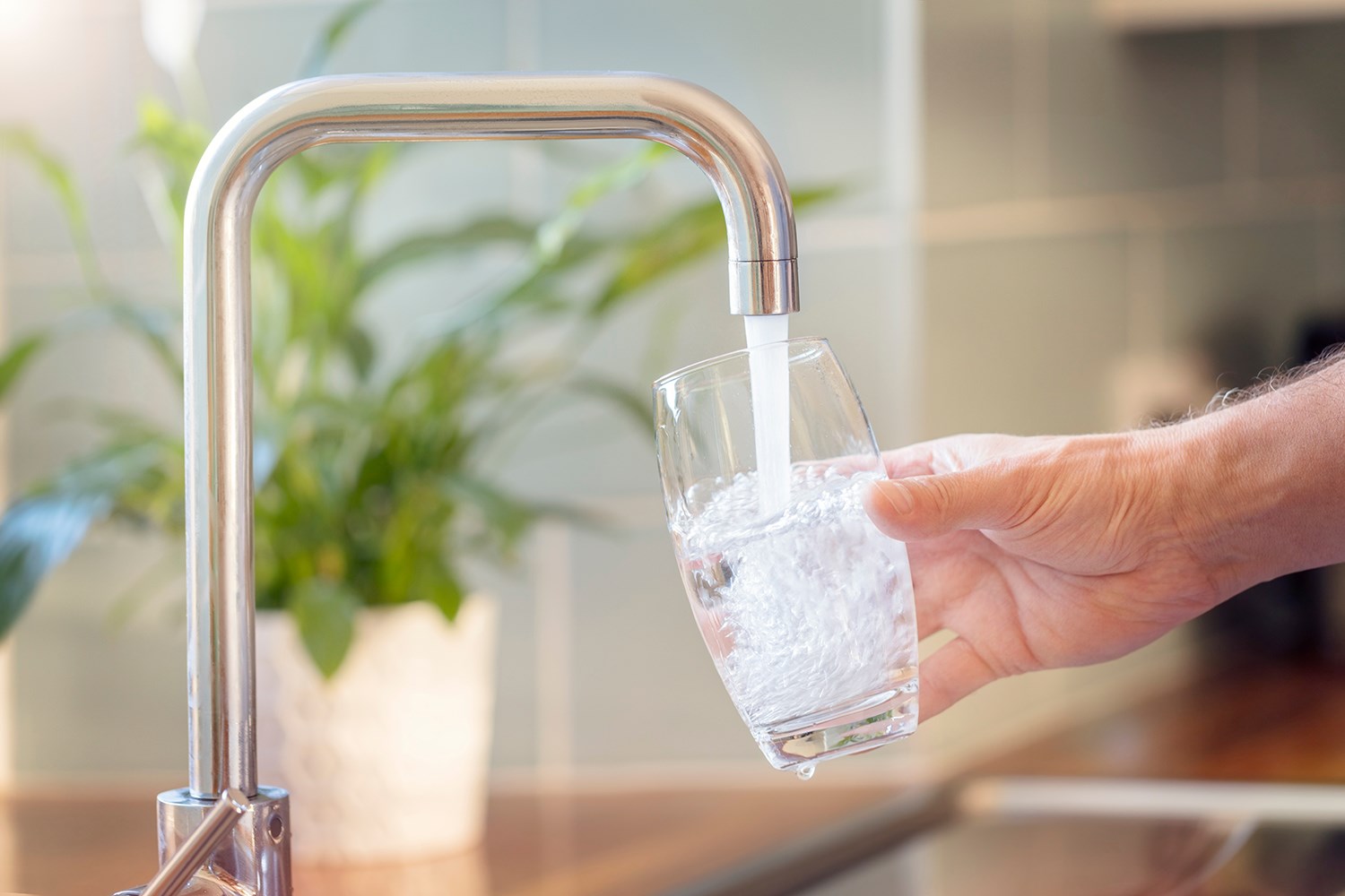 En person håller ett vattenglas under kökskranen och fyller glaset med vatten. 