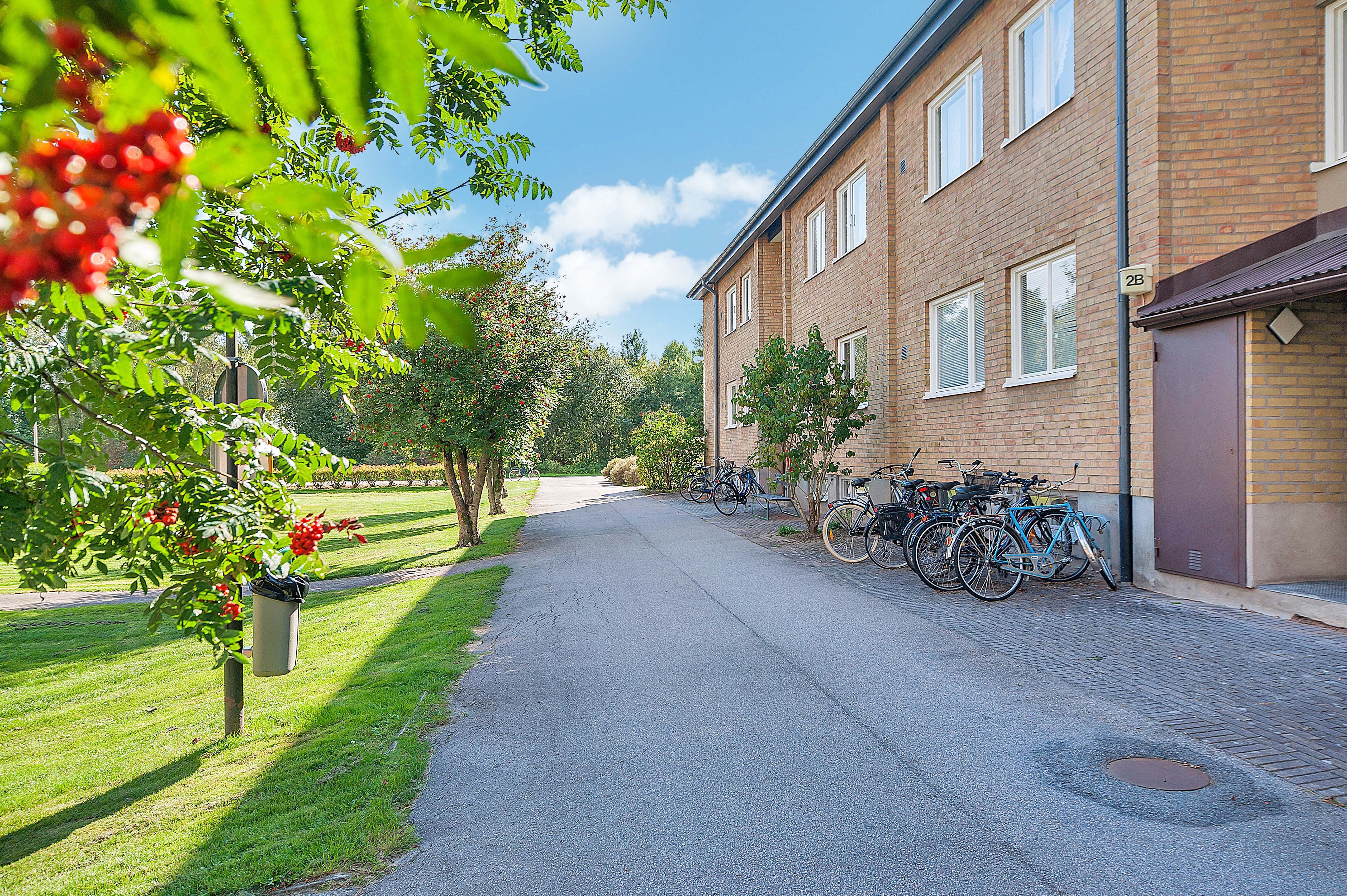 Gult tegelhus i två våningar. Gröna buskar vid entréerna. 